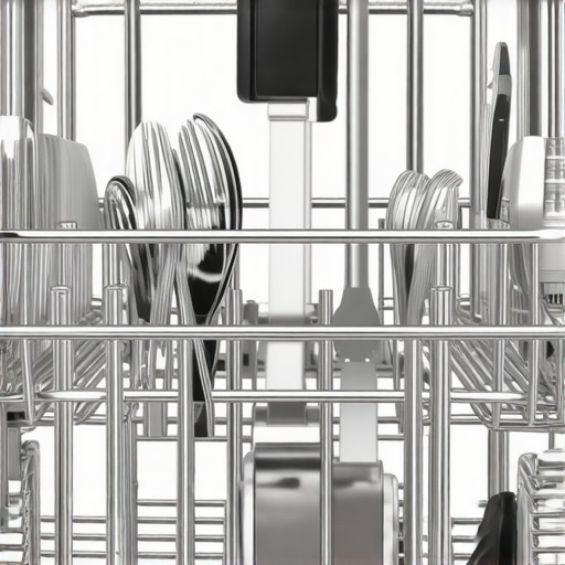 Close-up of durable stainless steel dishwasher rack with adjustable tines and utensil holder