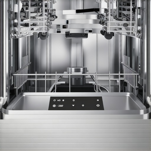 Interior view of a modern dishwasher showcasing smart sensors and stainless steel construction.