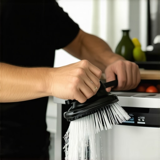 Cleaning Dishwasher Spray Arms for Better Performance Person cleaning dishwasher spray arm with brush in kitchen