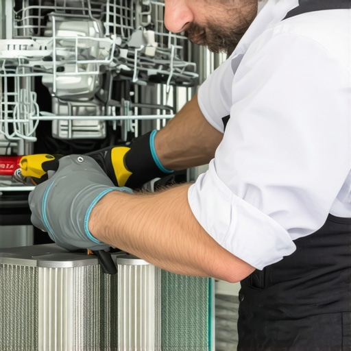 Technician using tools to clean and inspect dishwasher filters to ensure long-term performance.