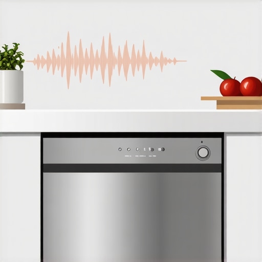 A quiet stainless steel dishwasher running in a modern kitchen with sound waves showing noise reduction