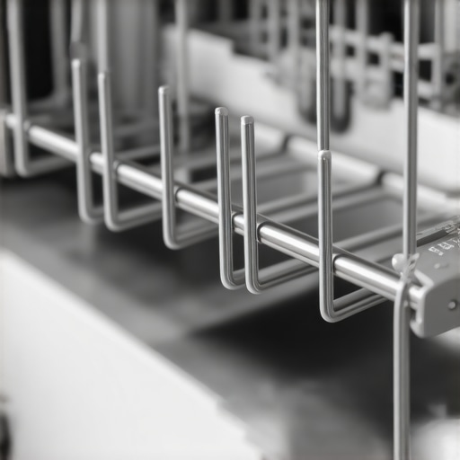 Close-up of durable stainless steel dishwasher racks with cleaning features