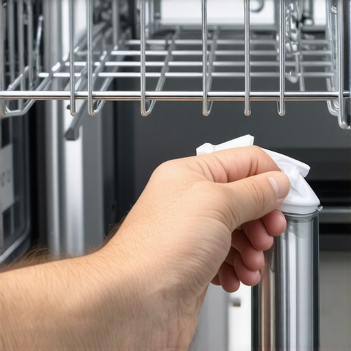 Person applying protectant spray to dishwasher rack to prevent rust and warping