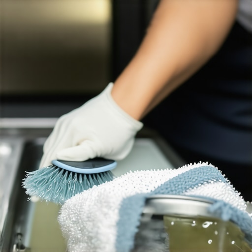 Person using a brush to clean a dishwasher spray arm for maintenance