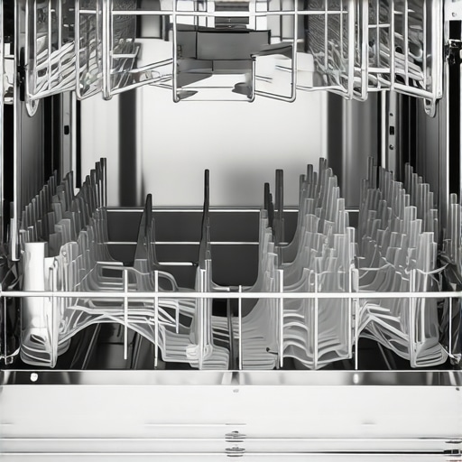 Interior view of a stainless steel dishwasher showing adjustable racks, emphasizing durability and organization.