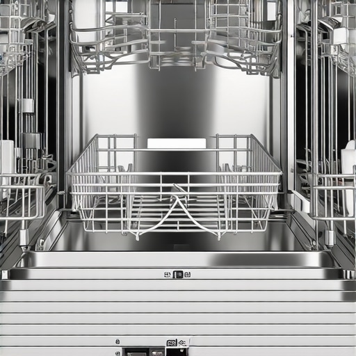 Interior view of a stainless steel dishwasher showcasing adjustable racks and energy efficiency labels.