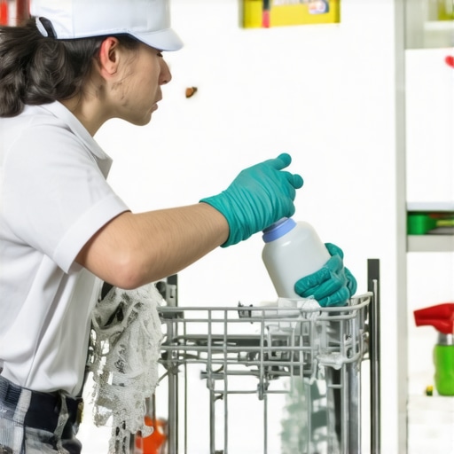 Person applying spray paint on dishwasher rack with a focused hand in a modern kitchen