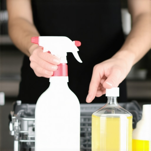 Person cleaning dishwasher spray arms with vinegar and tools