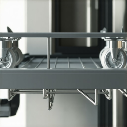 Dishwasher Rack Components Detail shot of a dishwasher rack with replacement wheels and smooth rails