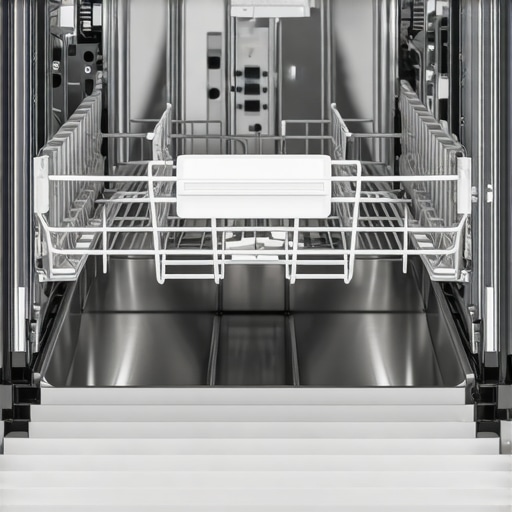 A detailed view of a dishwasher's stainless steel interior and adjustable rack system