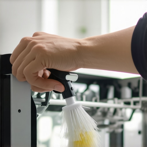 Dishwasher Spray Arm Cleaning Person cleaning dishwasher spray arm with brush to maintain optimal water flow.