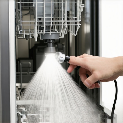 Person using flashlight to check dishwasher spray arm for blockages and mineral deposits.
