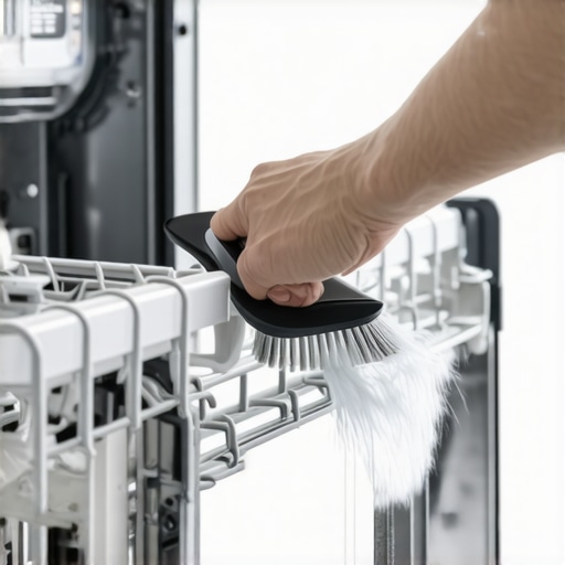 Person cleaning dishwasher spray arm with a brush to maintain optimal performance.