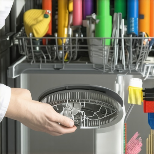 Person cleaning dishwasher drain filter with tools