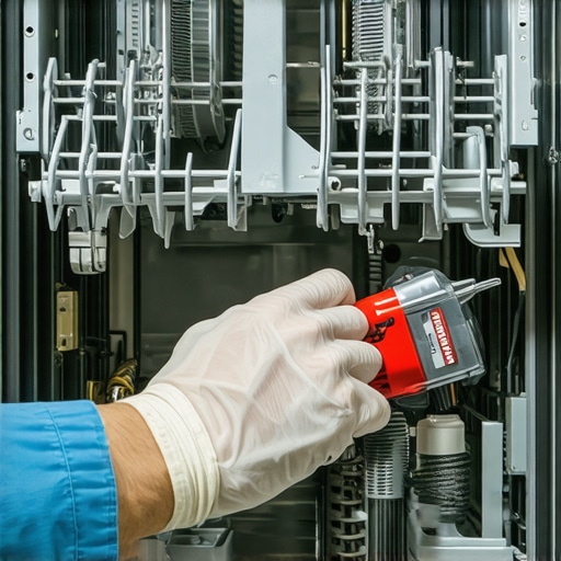 Close-up of a technician inspecting dishwasher rollers and spray arms for noise issues.