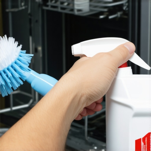 Person cleaning dishwasher spray arm with vinegar and brush