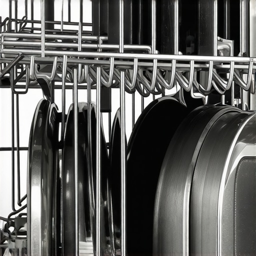 A sturdy stainless steel dishwasher rack with a cast iron skillet and pot properly arranged, demonstrating secure loading