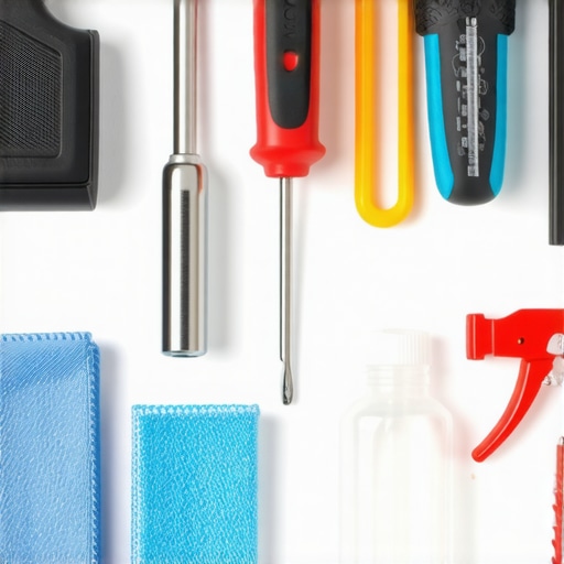Tools like a screwdriver, pliers, microfiber cloth, and vinegar spray used for dishwasher upkeep
