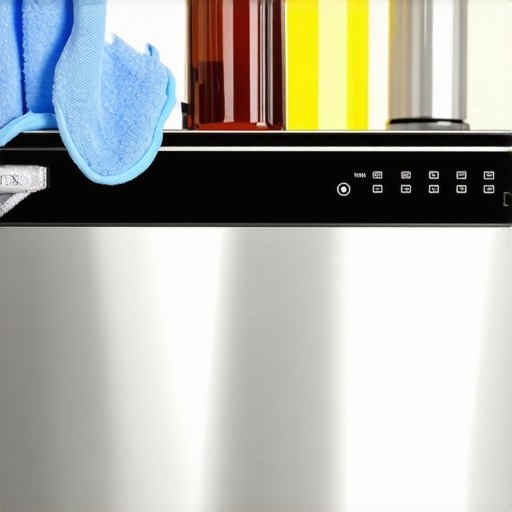 Person wiping stainless steel dishwasher door with vinegar solution and microfiber cloth