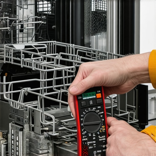 Technician testing the dishwasher's heating element with a multimeter.