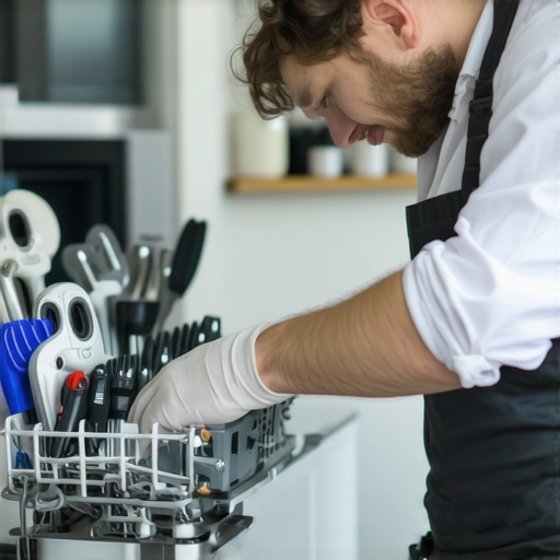 Technician using specialized tools to maintain a modern dishwasher