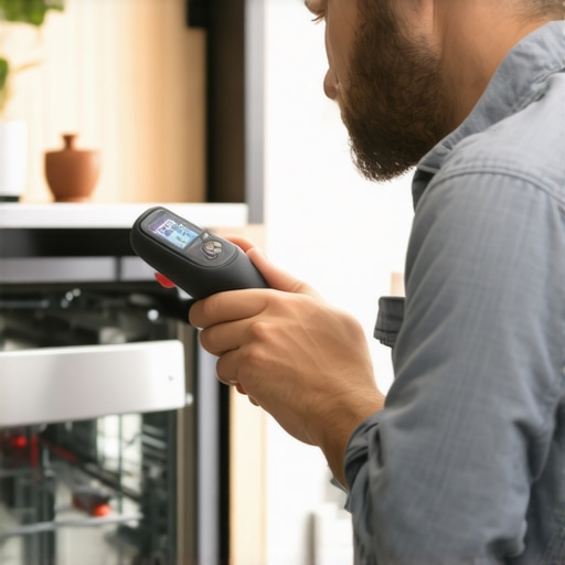 Technician measuring dishwasher temperature with infrared tool