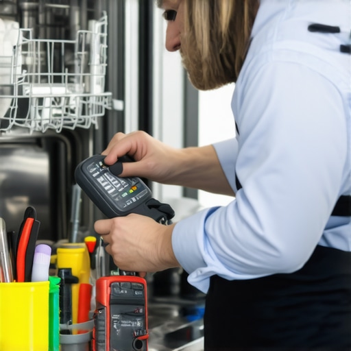 Technician testing dishwasher electricals with a multimeter in a kitchen.